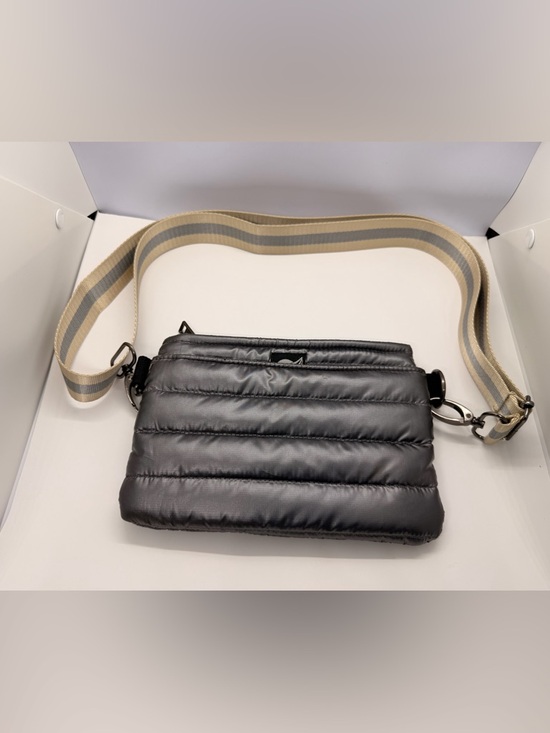 THINK ROYLN Handbags - THINK ROYLN Quilted Crossbody Bag in Black with Beige-Gray Stripe Strap